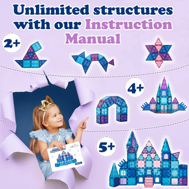 102pcs Frozen Princess Castle Magnetic Tiles Building Blocks - 3D Diamond Blocks, STEM Educational Toddler Toys for Pretend Play, 4 Year Old Girl Birthday Gifts Kids Ages 3 5 6 7 8