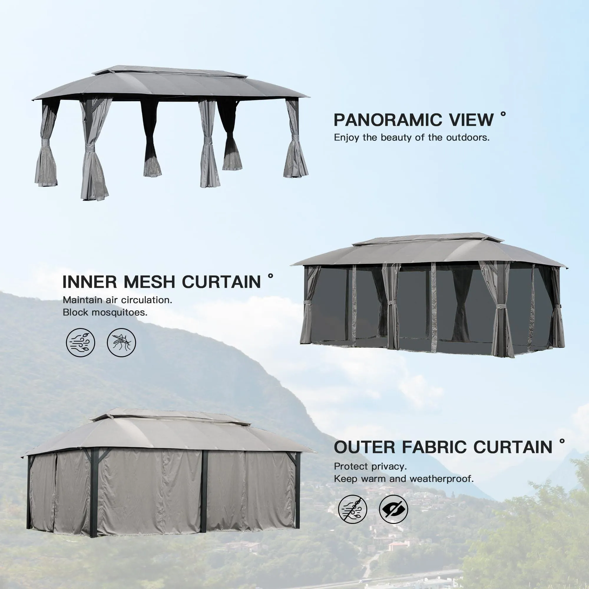 10x20FT, Outdoor Gazebo with Double Roofs, Privacy Curtains, Mosquito Nettings, Heavy Duty Metal Frame, Grey