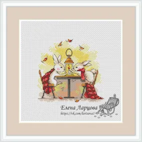 Autumn Bunnies.  Evening Meeting - PDF Cross Stitch Pattern