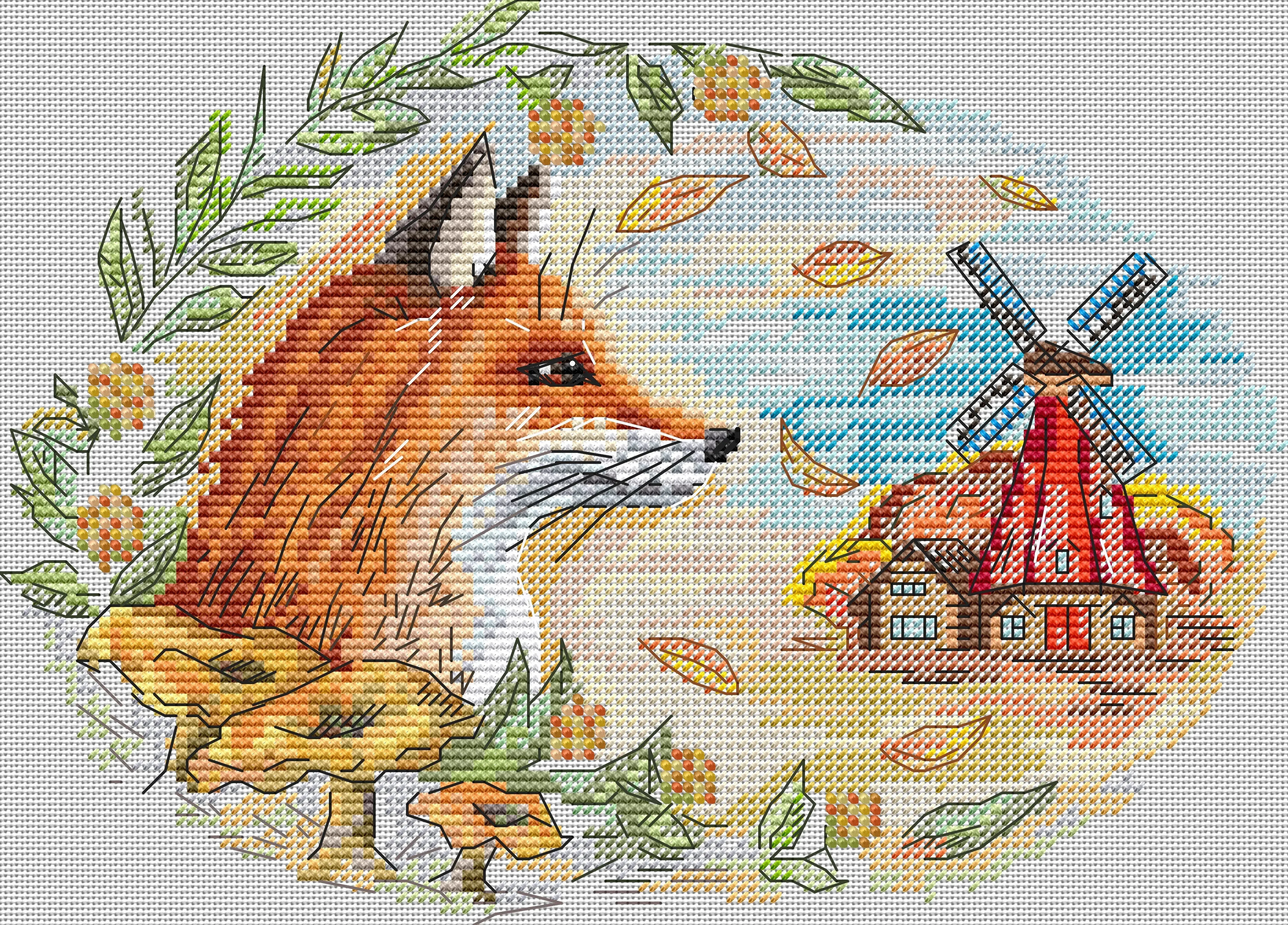 Autumn fox at the mill - PDF Cross Stitch Pattern