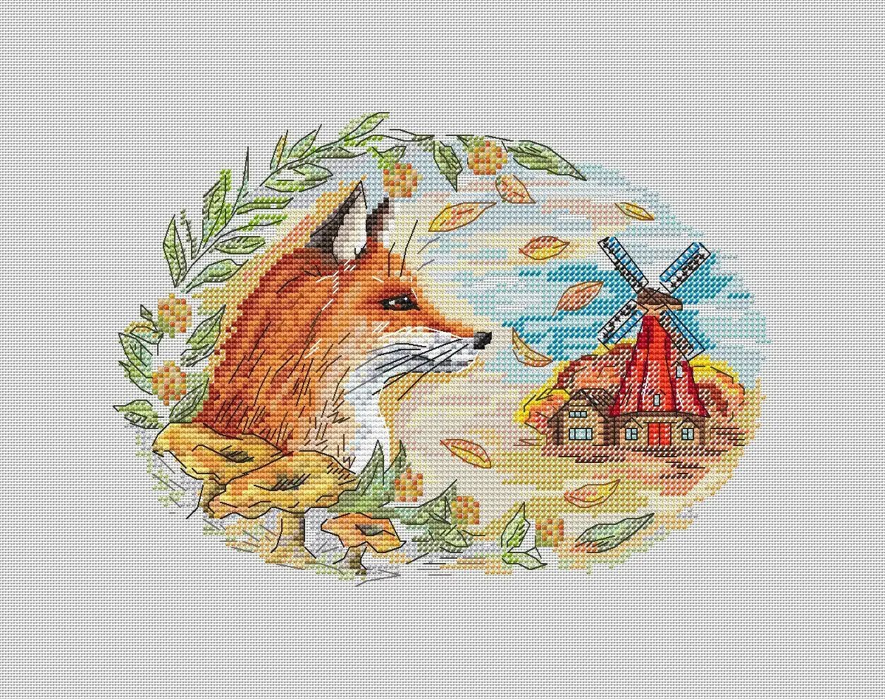 Autumn fox at the mill - PDF Cross Stitch Pattern