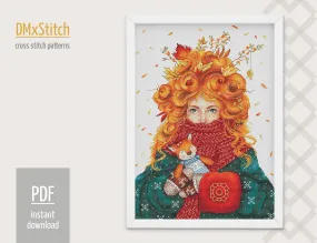 Autumn girl Cross stitch pattern Fall Cross Stitch pdf People cross stitch pattern Modern Counted cross stitch Thanksgiving cross stitch