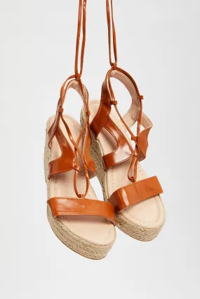 Beige Woven Strappy Wedges