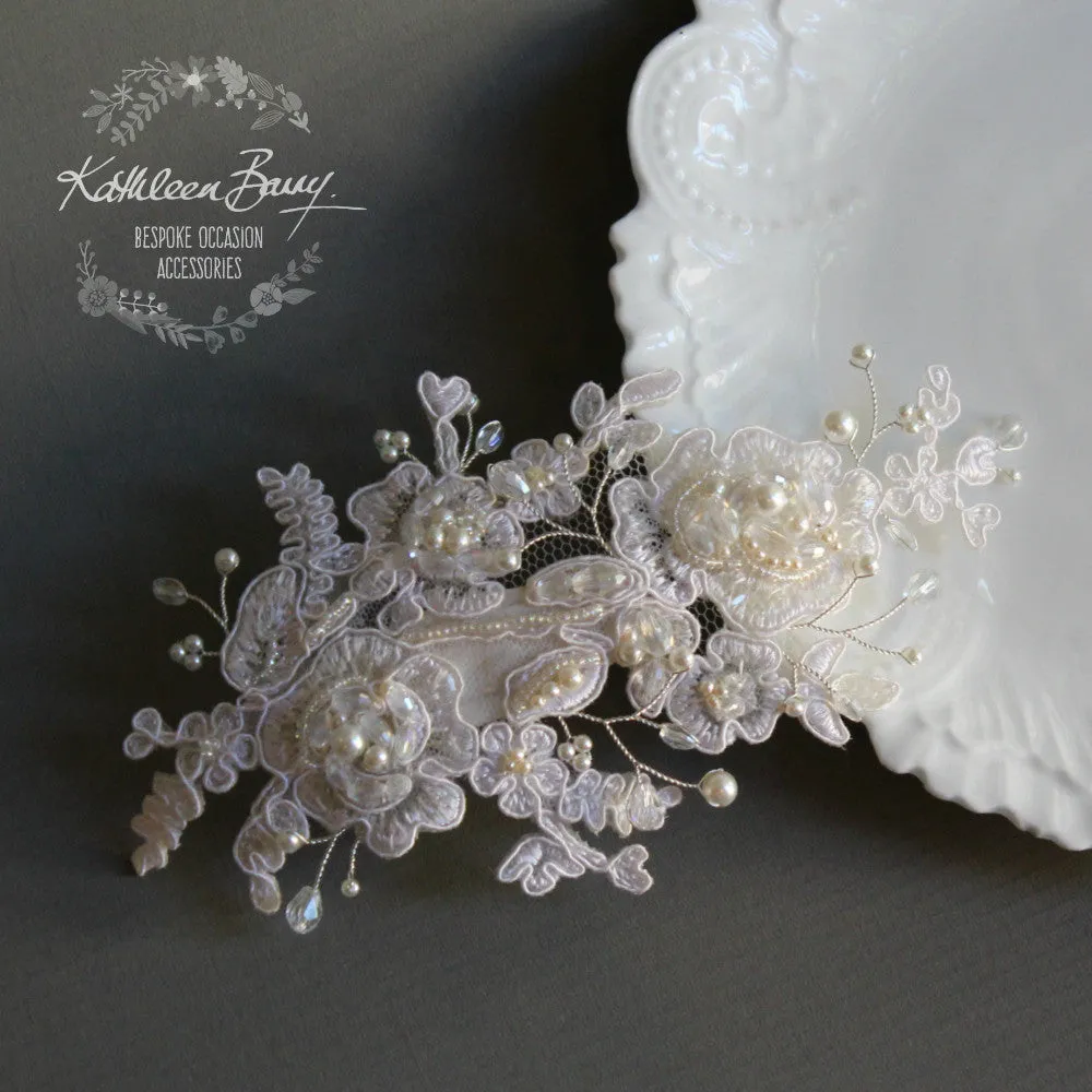 Carmen Lace bridal hairpiece clip  - Lace, pearl and metallic color options available