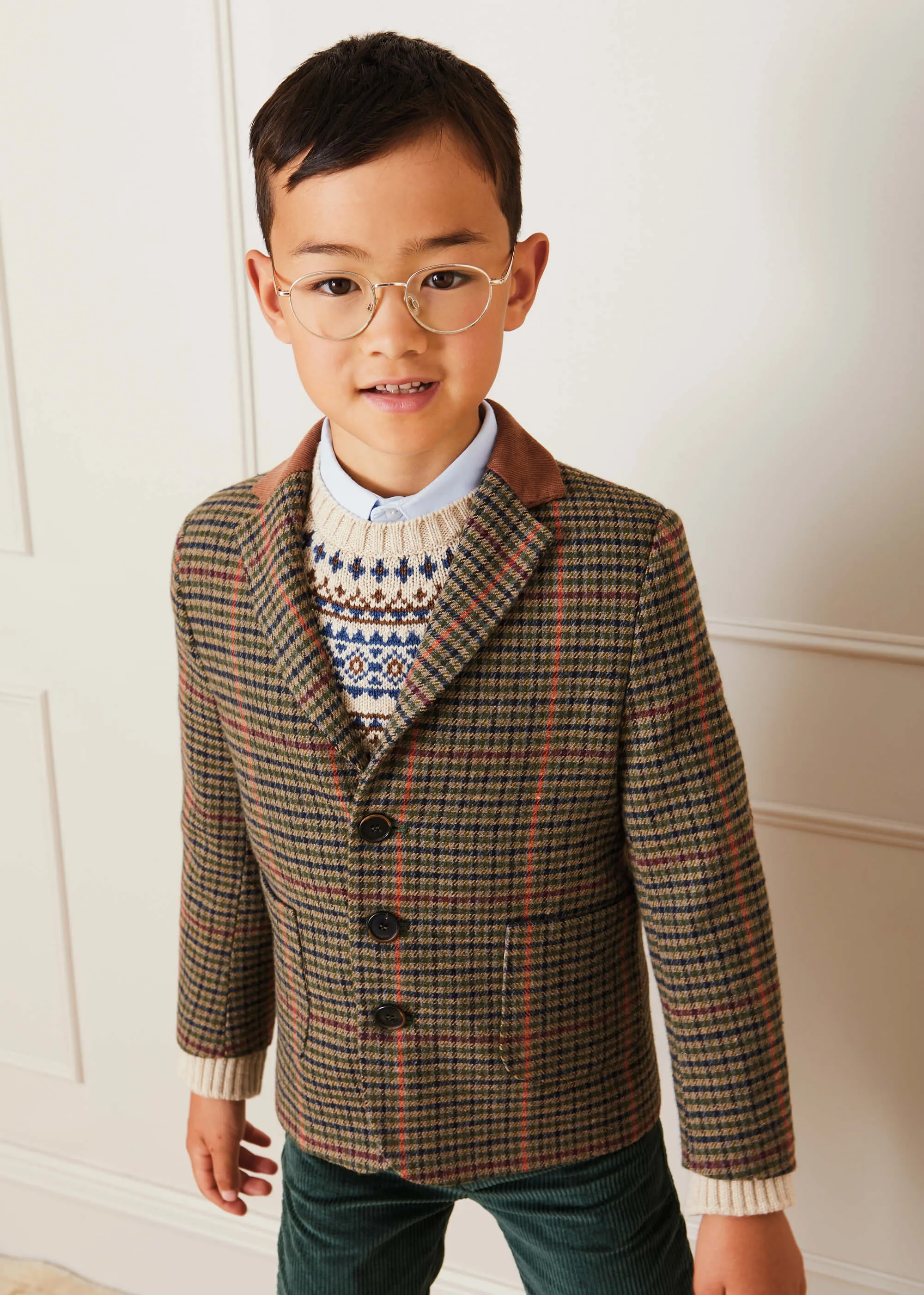 Check Tweed Three Button Blazer Jacket In Brown (4-10yrs)