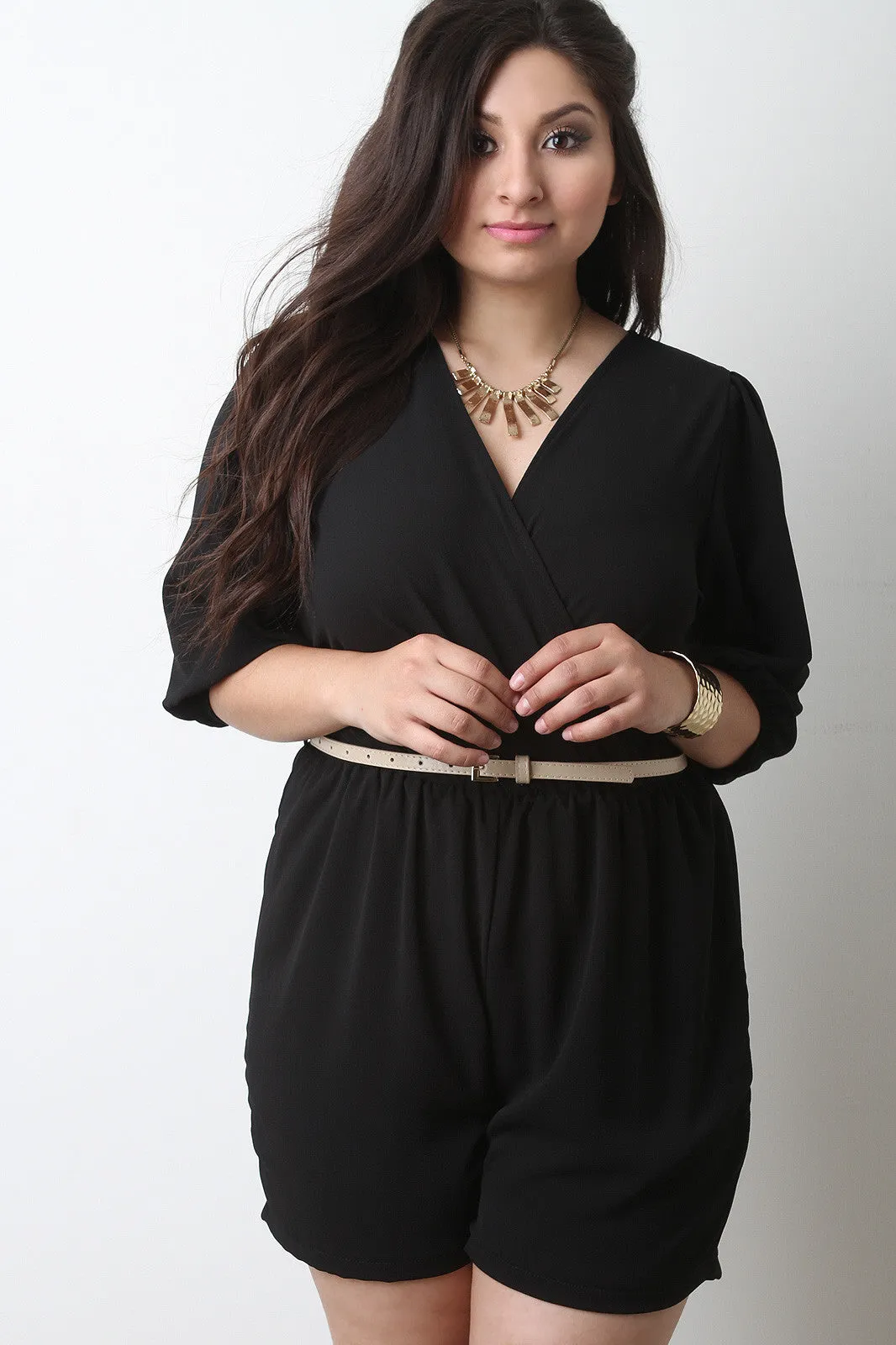 Chiffon Surplice Deep V Belted Romper