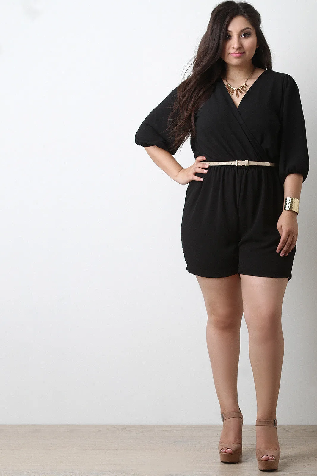 Chiffon Surplice Deep V Belted Romper