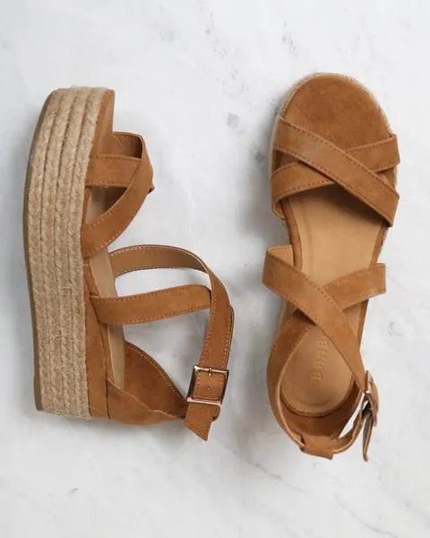 Criss Cross Strappy Two Band Espadrilles Platform Sandal with Ankle Strap - More Colors