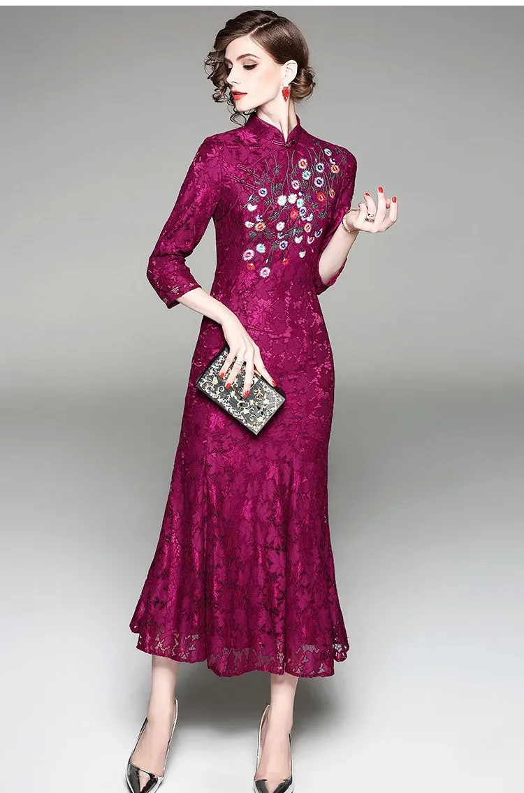 Purple Embroidered Lace Qipao Dress