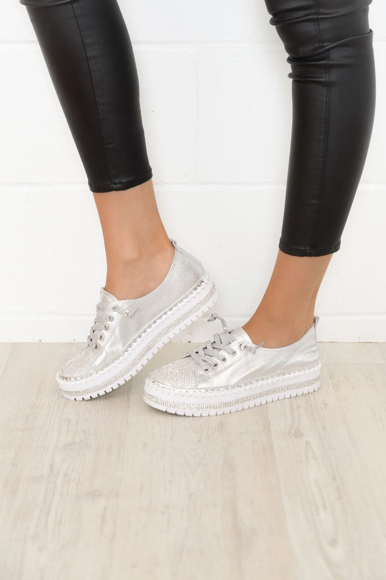 Sky Silver Leather Diamante Sneaker