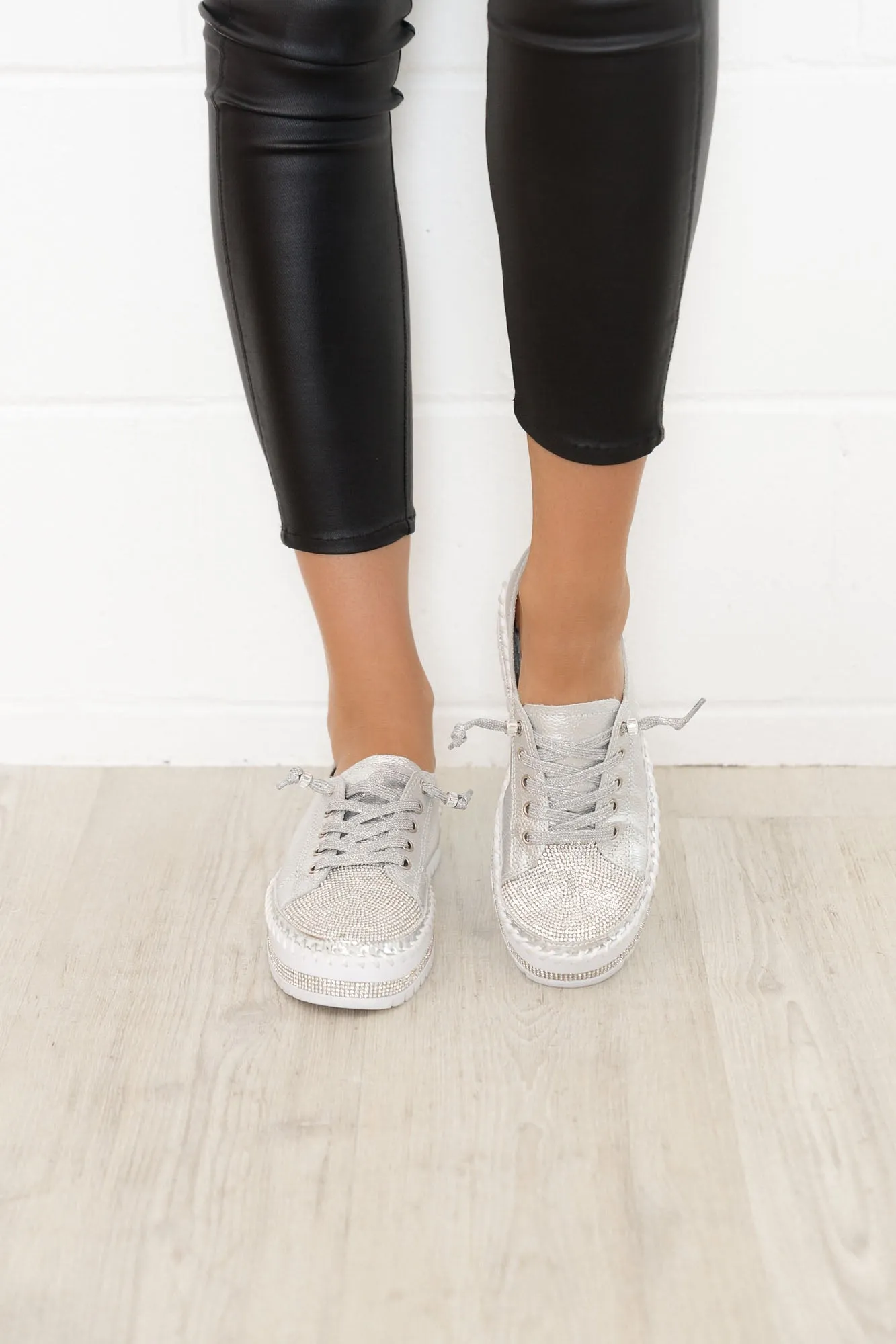 Sky Silver Leather Diamante Sneaker