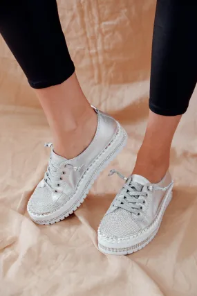 Sky Silver Leather Diamante Sneaker