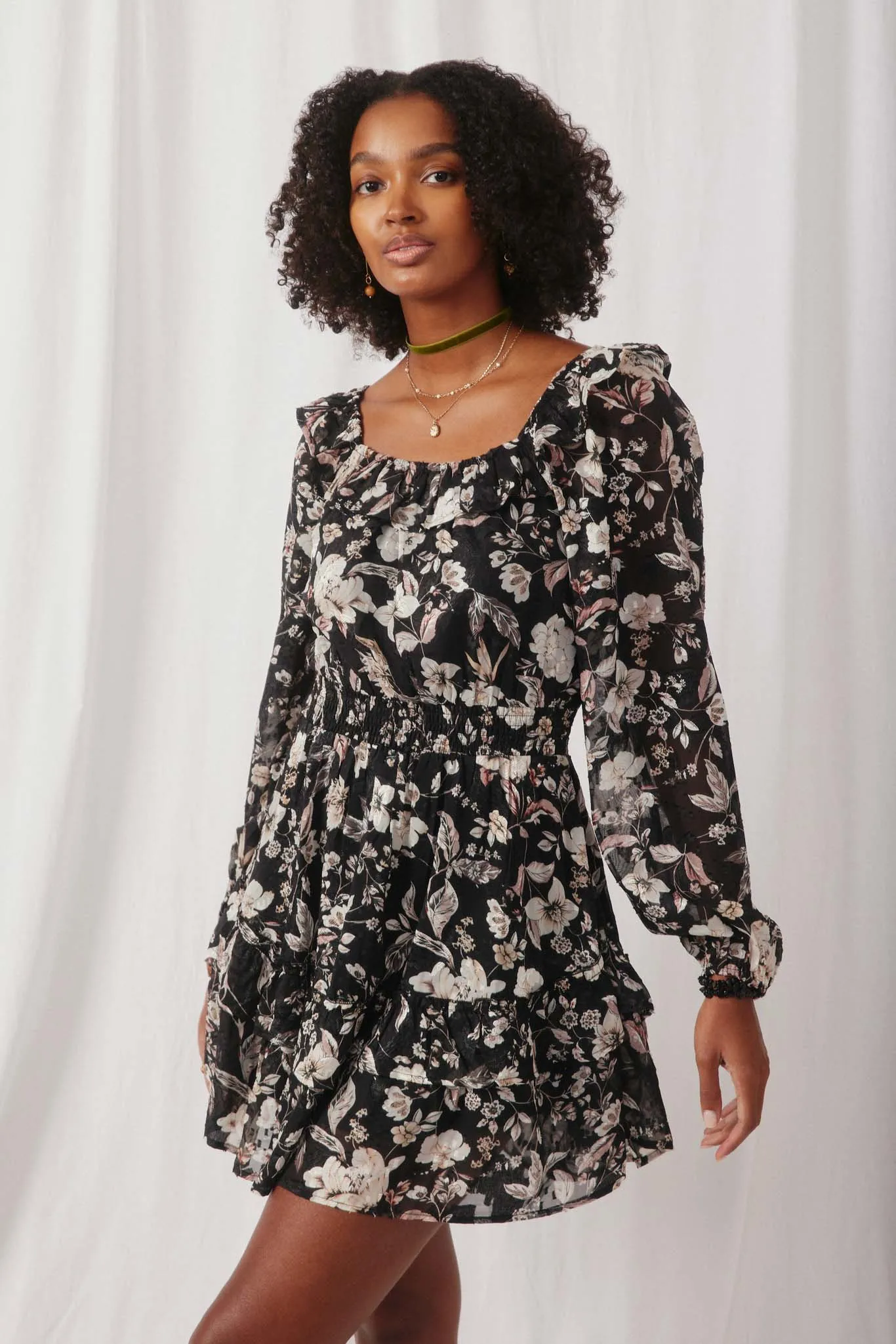 Textured Floral Chiffon Print Off Shoulder Tiered Dress