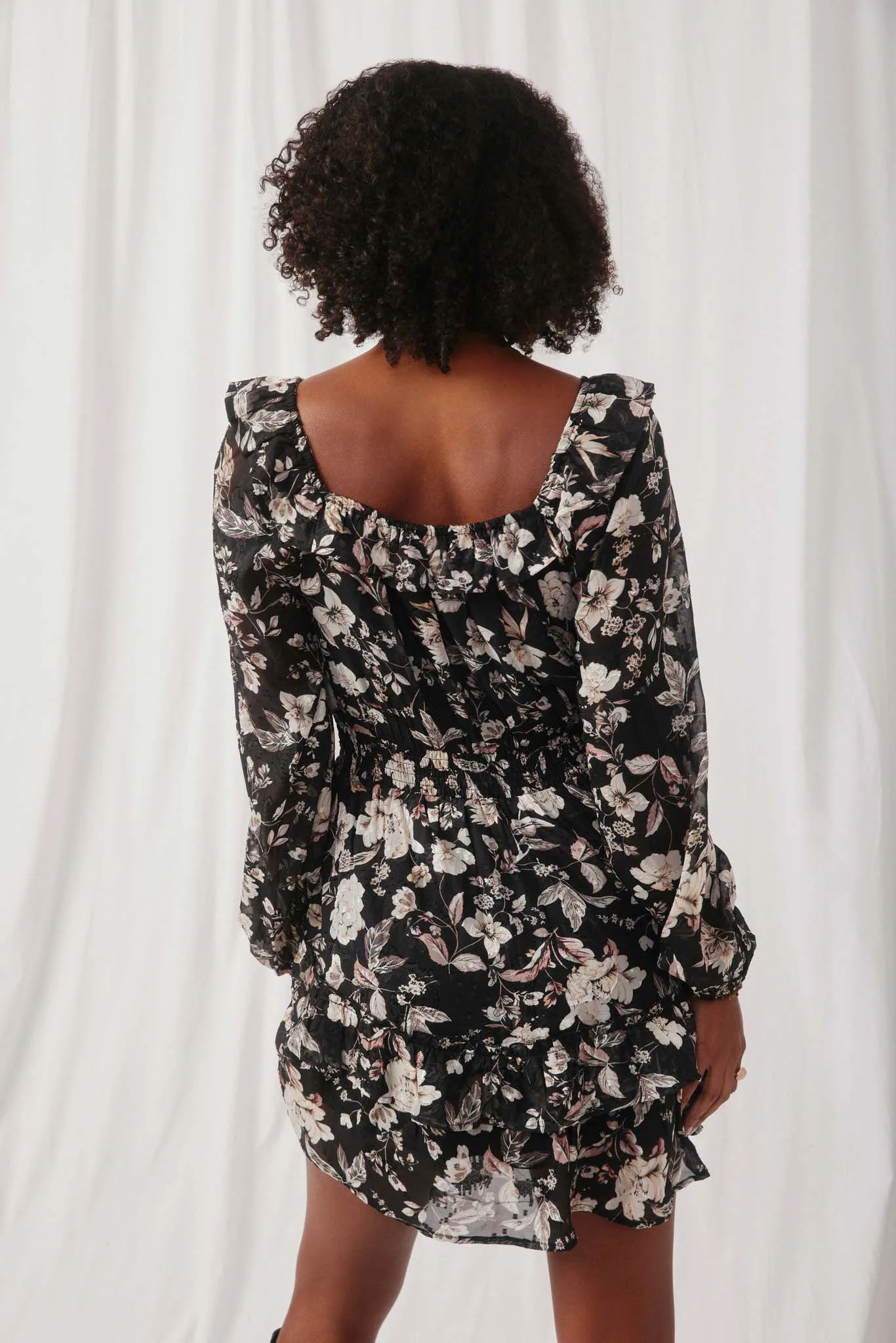 Textured Floral Chiffon Print Off Shoulder Tiered Dress