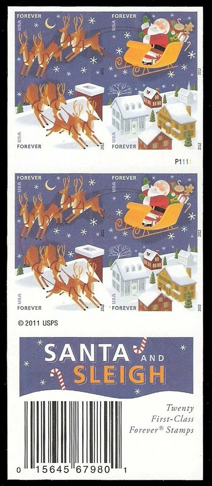 USPS Santa & Sleigh 2012 Forever Stamps - Booklet of 20 Postage Stamps