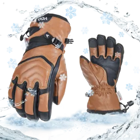 VGO 1 Pair -30℃/-22°F or Above Cow Leather Warm Ski  For Male and Female (Age Above 18 years old), Winter Snow Gloves, Outdoor Gloves, 3M Thinsulate Waterproof Gloves (CA2468FW)