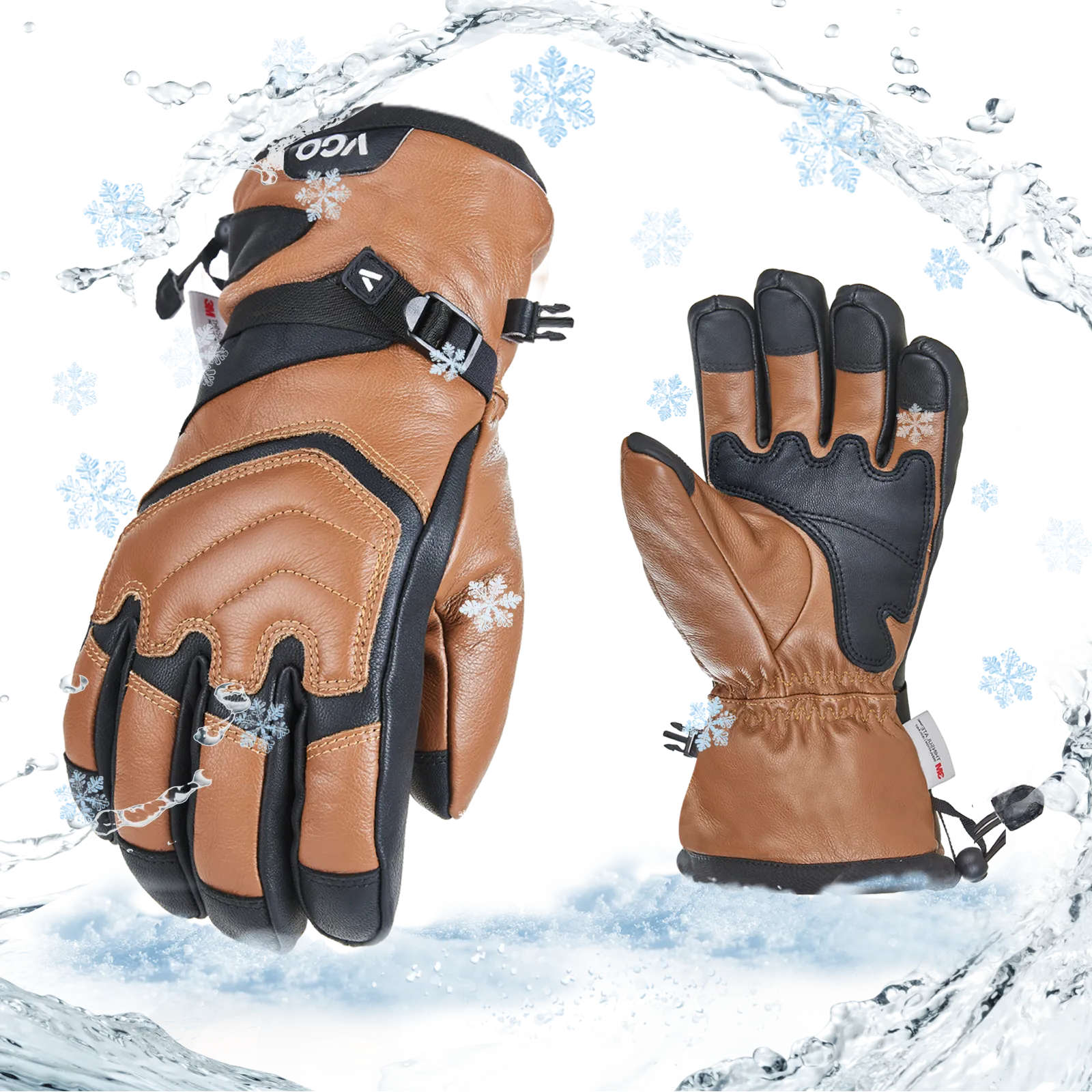 VGO 1 Pair -30℃/-22°F or Above Cow Leather Warm Ski  For Male and Female (Age Above 18 years old), Winter Snow Gloves, Outdoor Gloves, 3M Thinsulate Waterproof Gloves (CA2468FW)